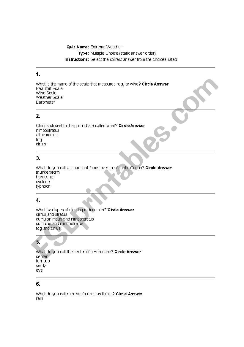 Extreme Weather worksheet