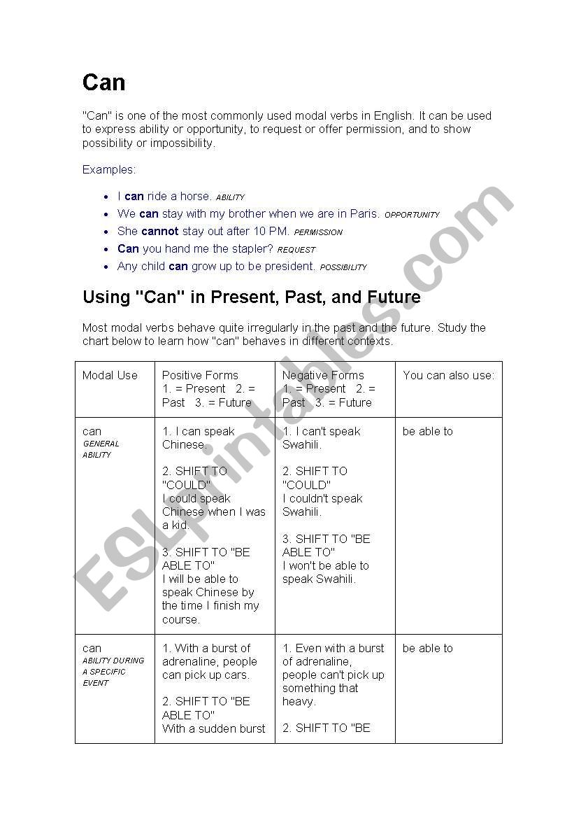 verb CAN grammar guide worksheet