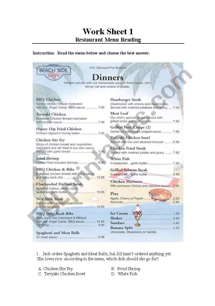 menu worksheet