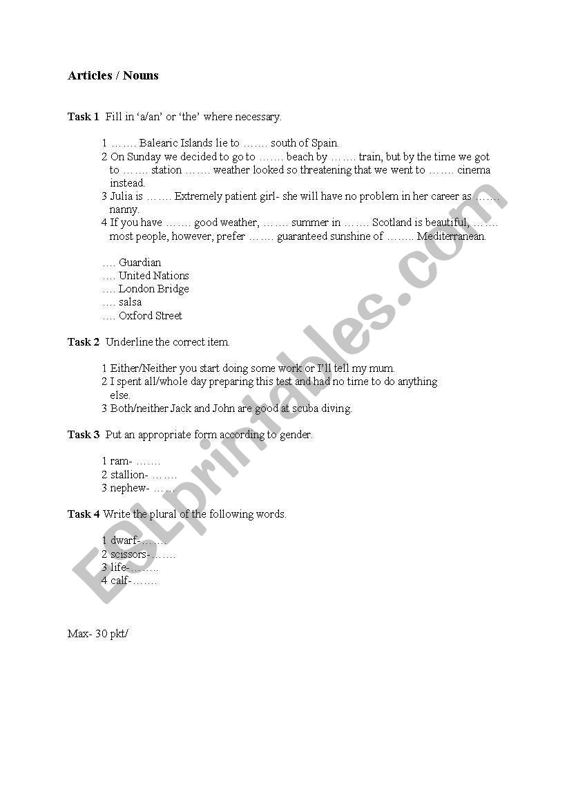 Articles/Nouns worksheet