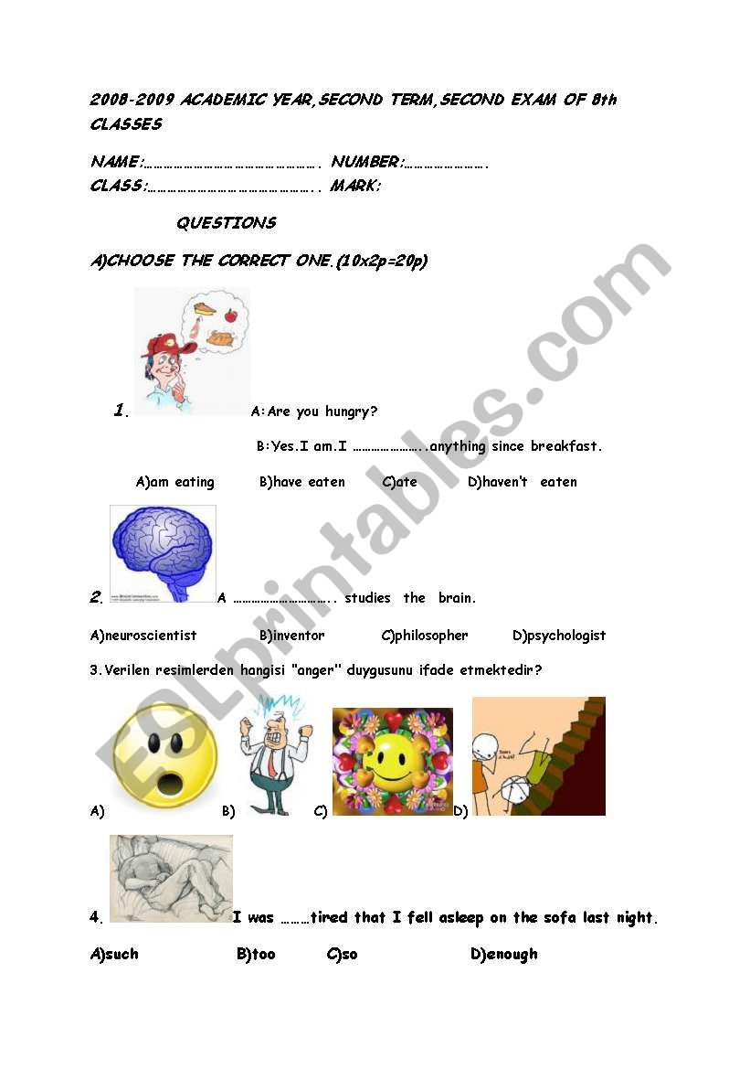 8th grade Exam paper worksheet