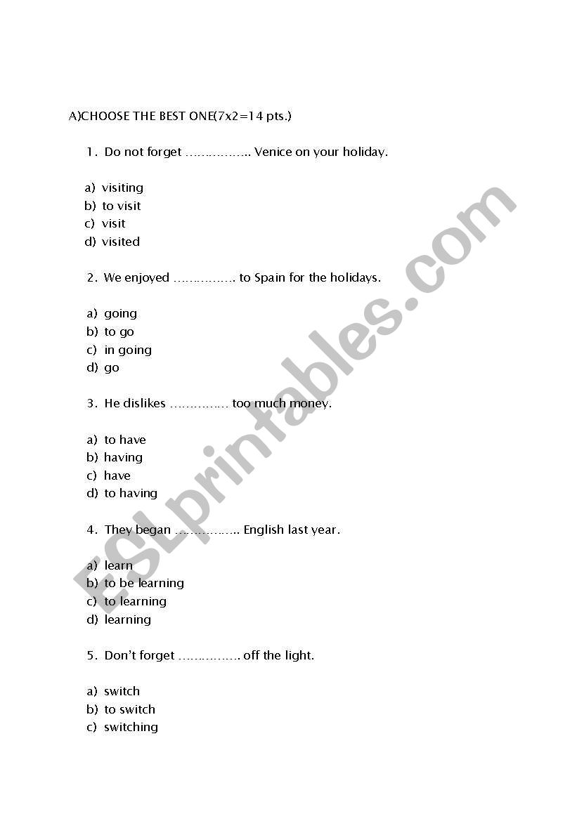 -to -ing worksheet