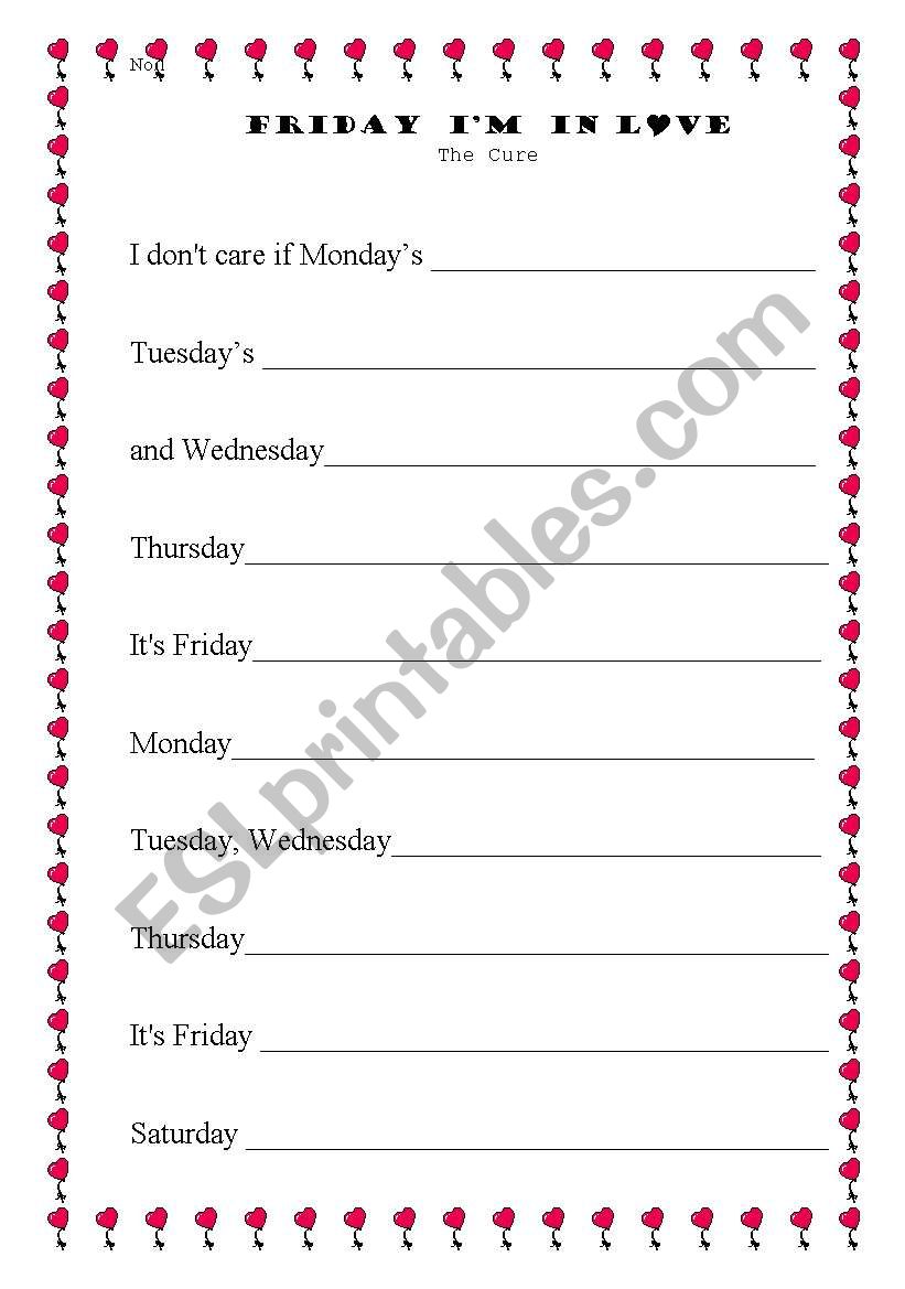 Friday Im in Love by Cure worksheet