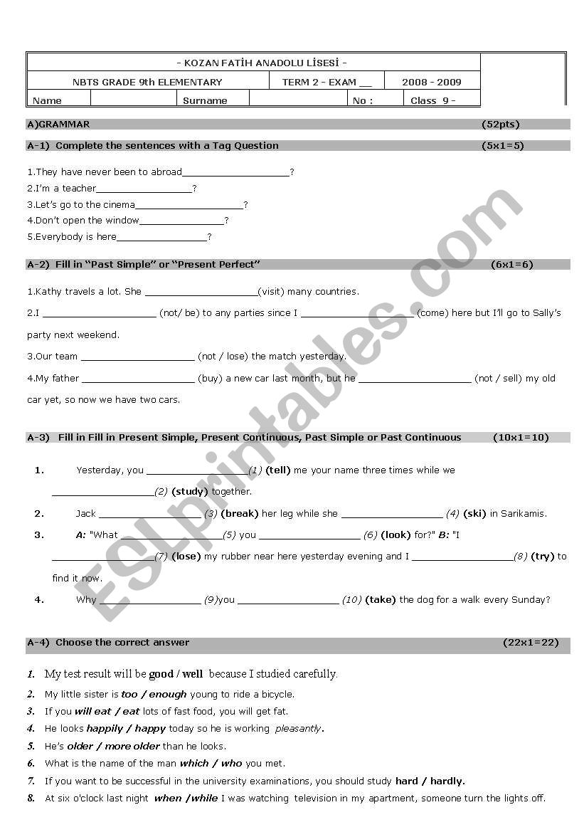 written exam worksheet