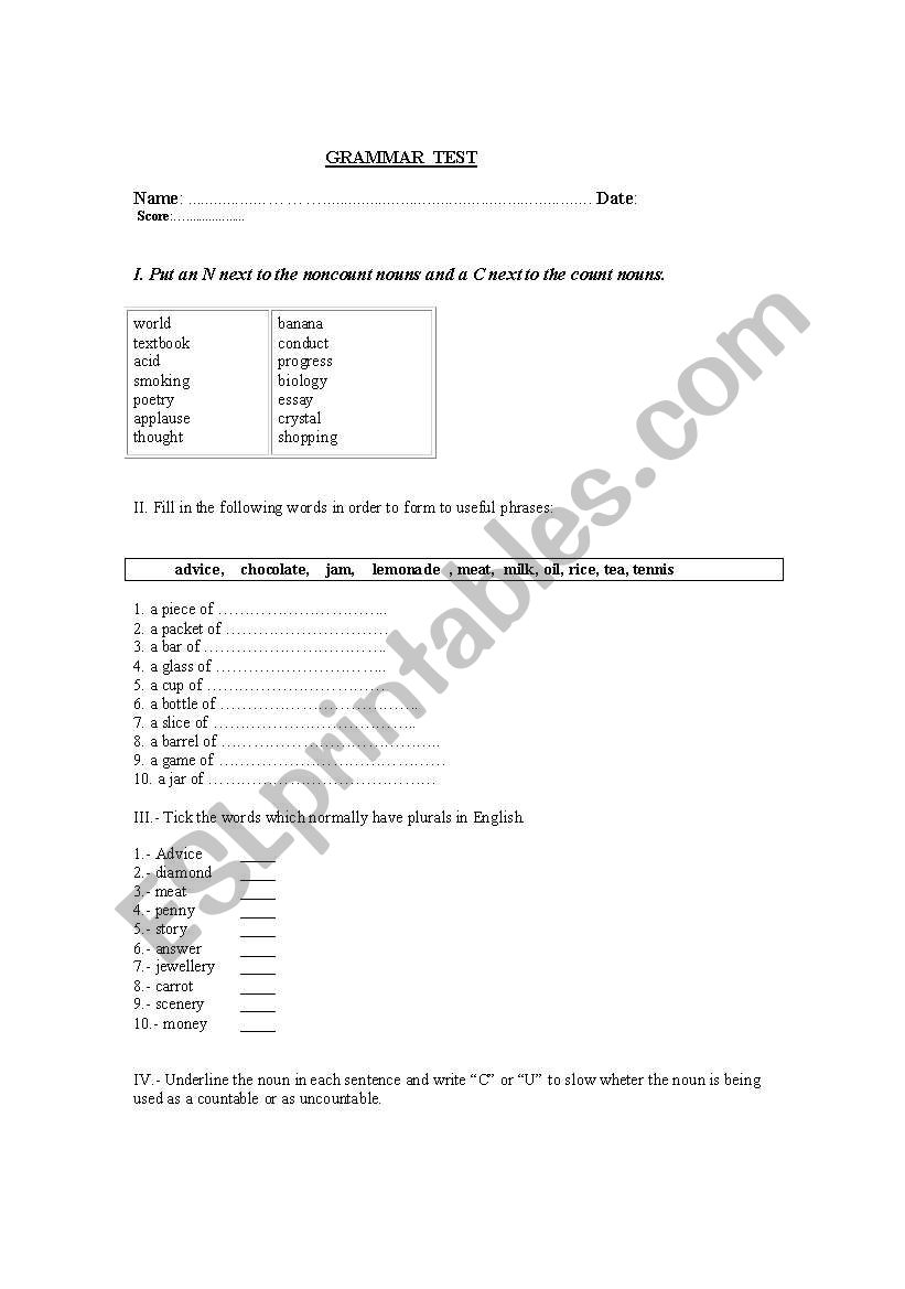 countable and noncountables nouns