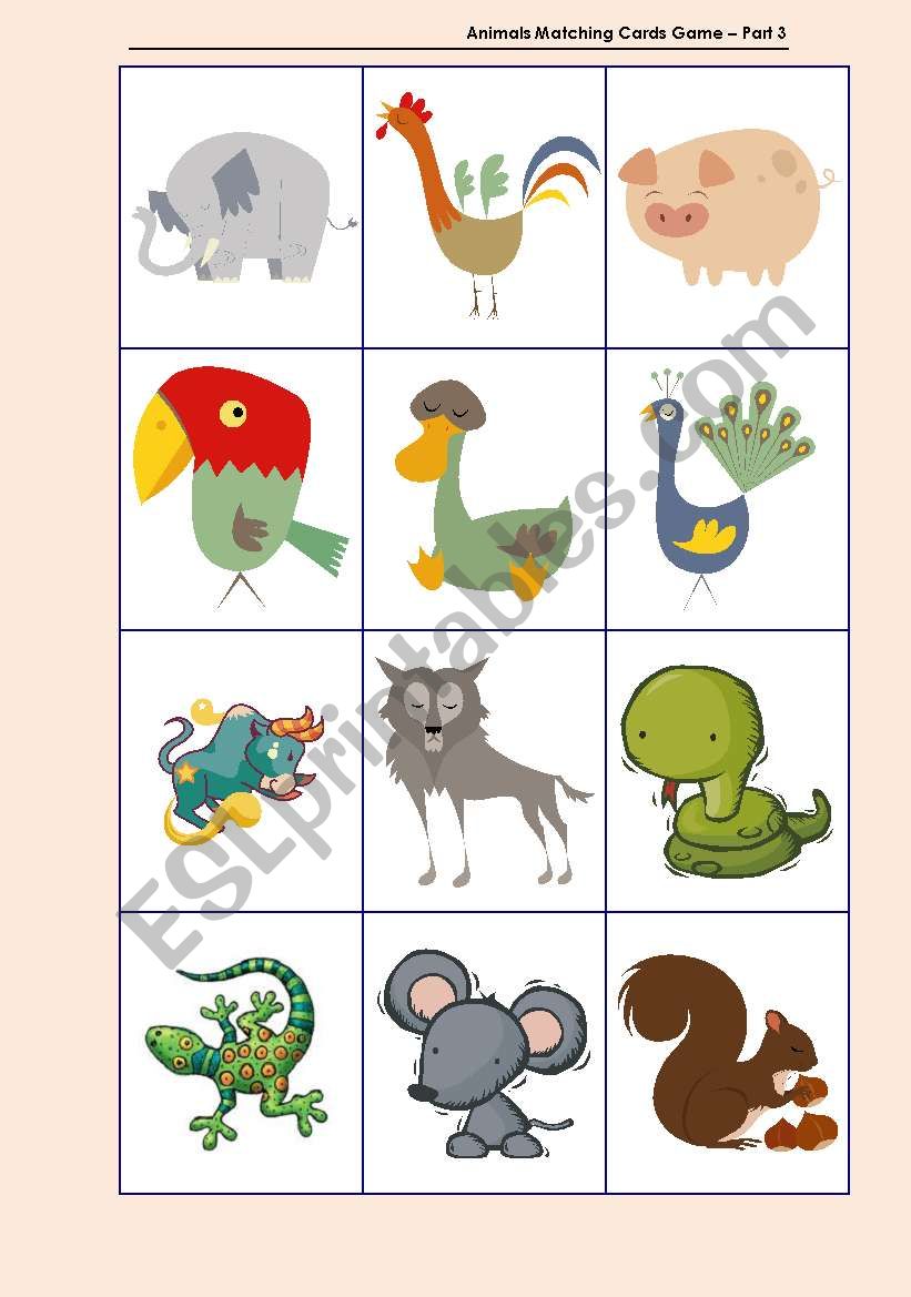 Animals Matching Cards Game – Part 3 - ESL worksheet by Ju Madeiro