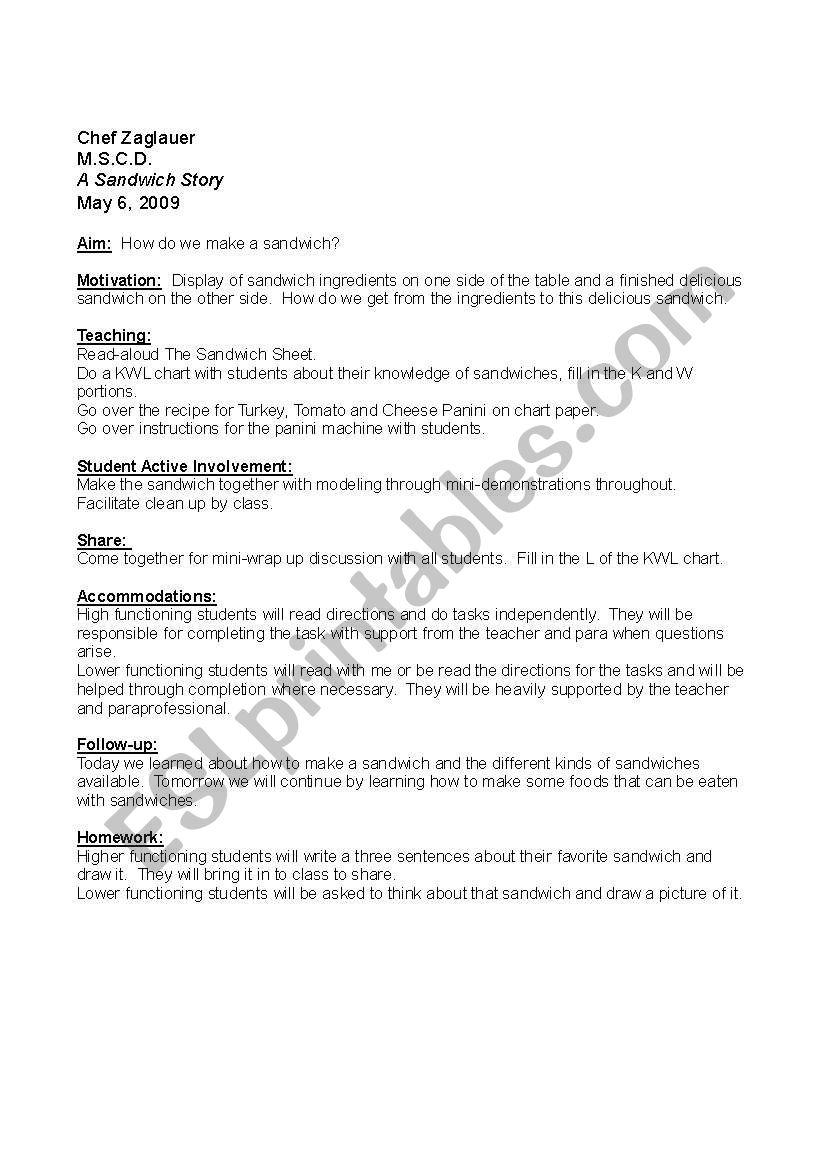 Sandwich Story worksheet