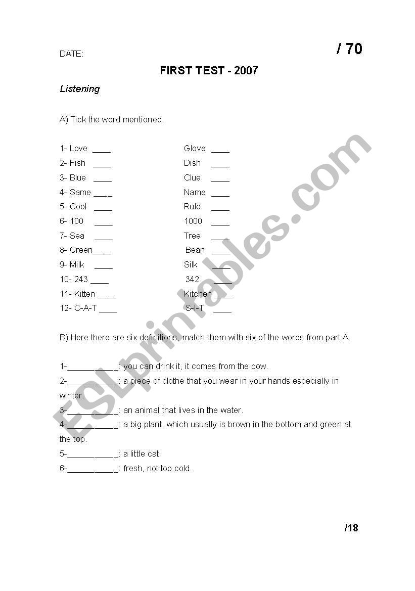 Revision test worksheet