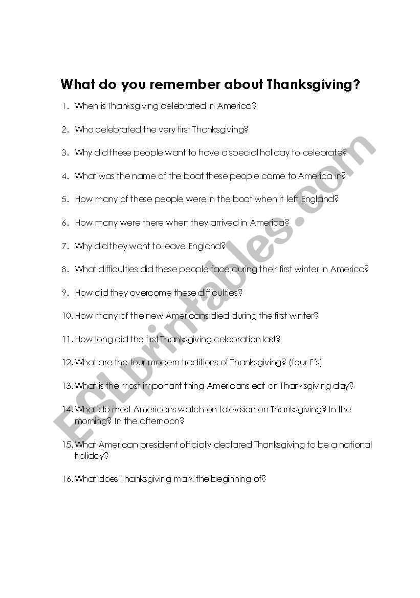 Thanksgiving Review worksheet