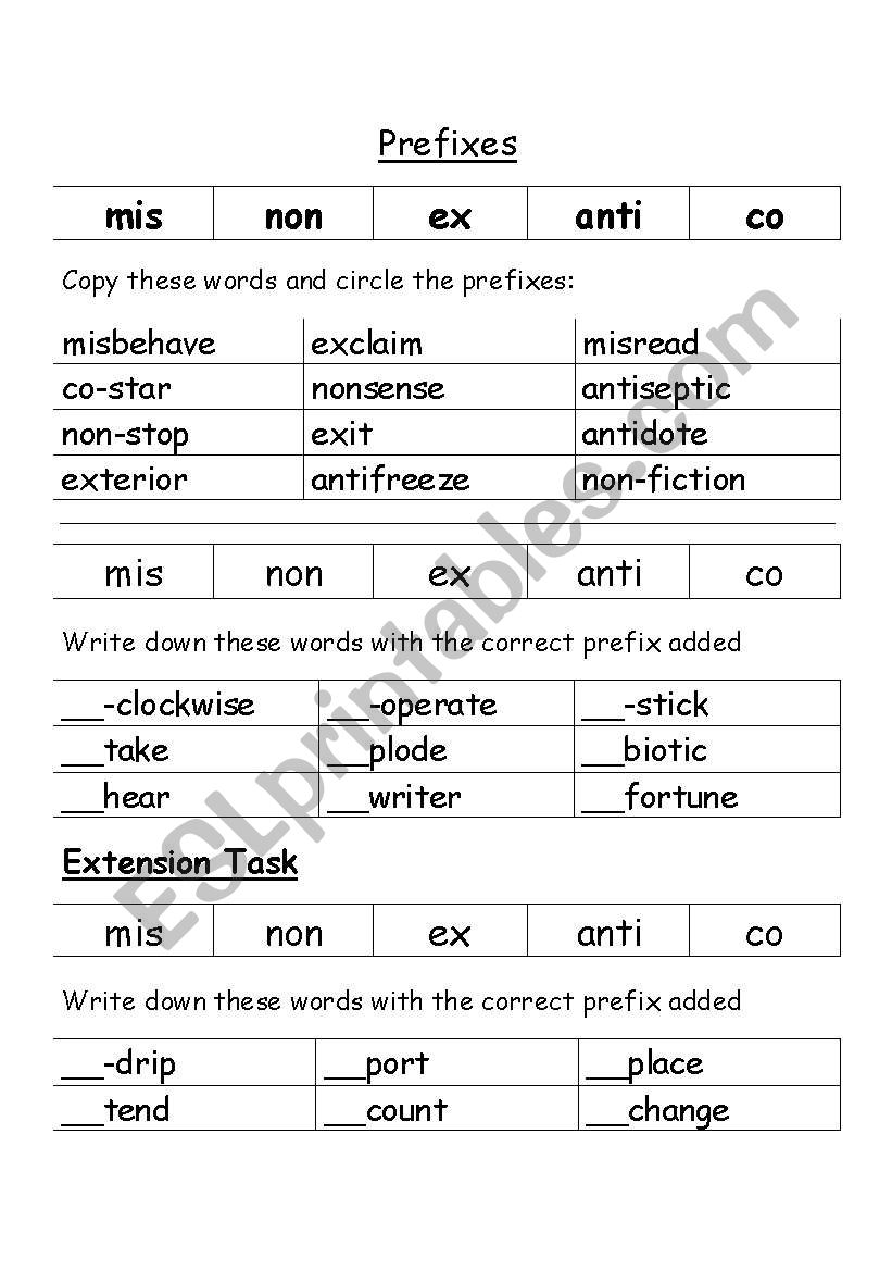 Prefixes worksheet