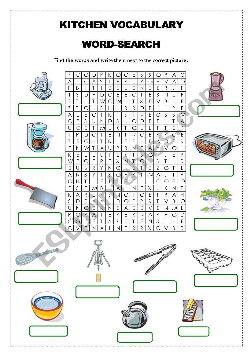 Kitchen Vocabulary Word-Search - 2 pages + Answer Key ! 