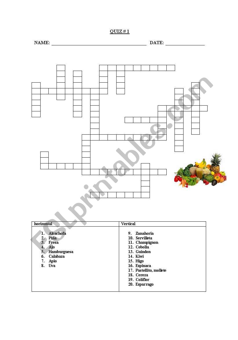English worksheets: crossword of vegetables fruits and snacks