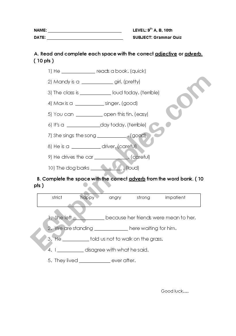 Adverbs quiz worksheet