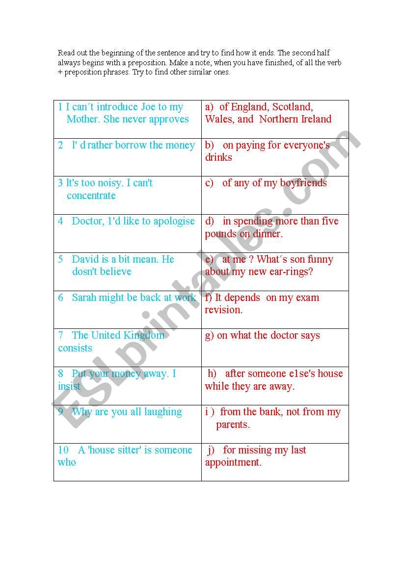 Verb + preposition activity worksheet