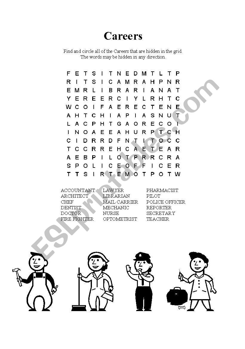 English Worksheets Careers Word Search