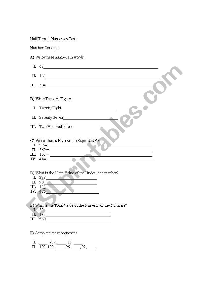 Grade 3 Numeracy worksheet