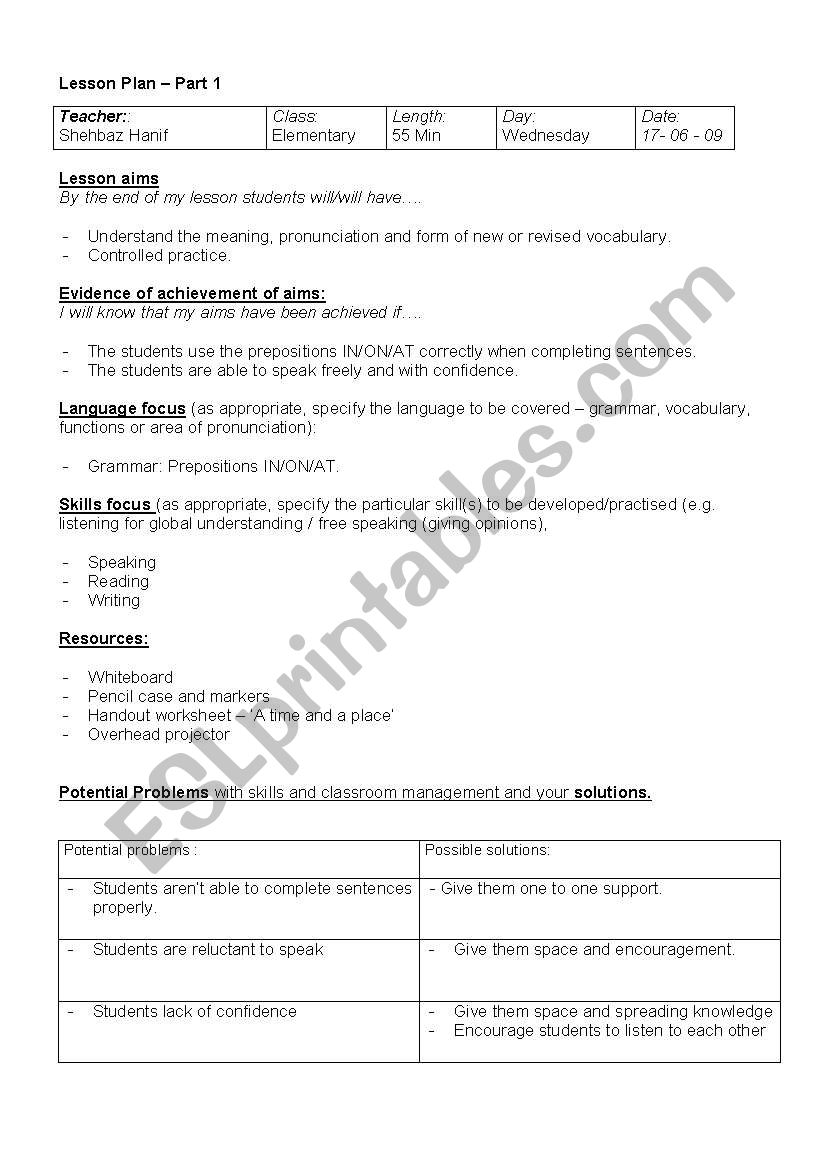 Prepositions IN/ON/AT worksheet