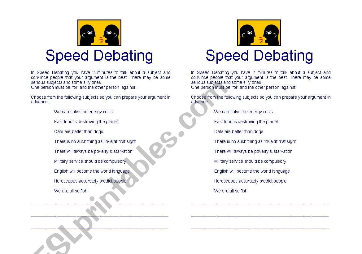 Speed Debating worksheet