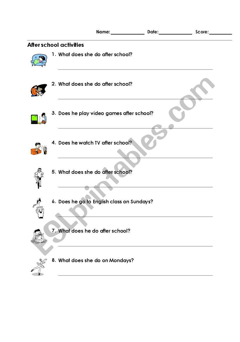 after school activities worksheet