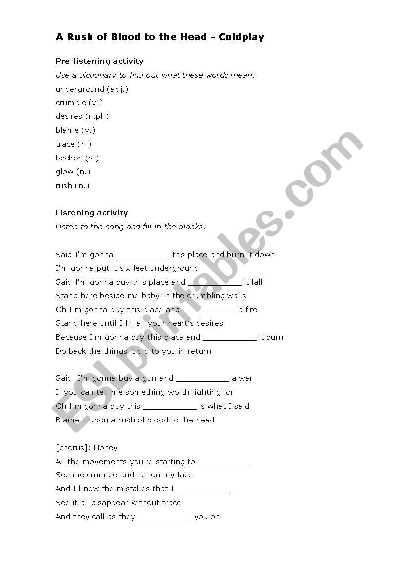 A Rush of Blood to the Head Coldplay worksheet