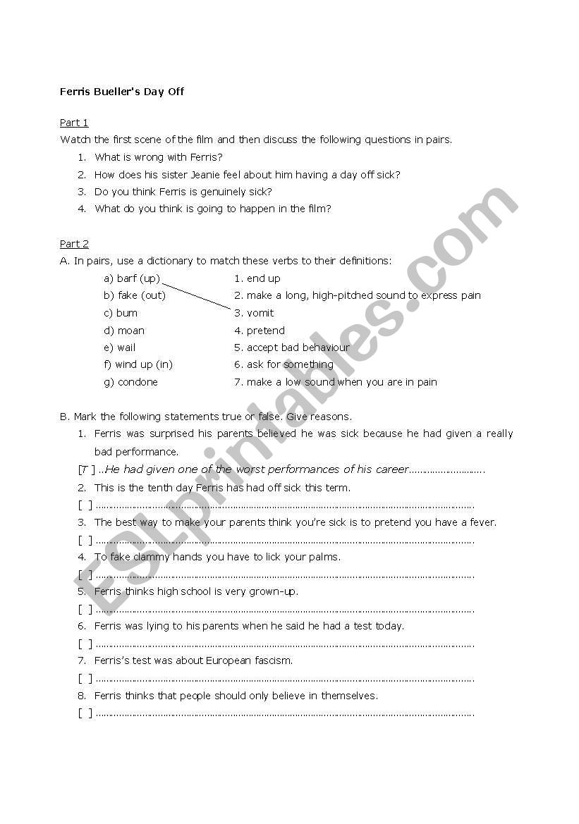 Ferris Bueller´s Day Off Lesson - ESL worksheet by annagallagher