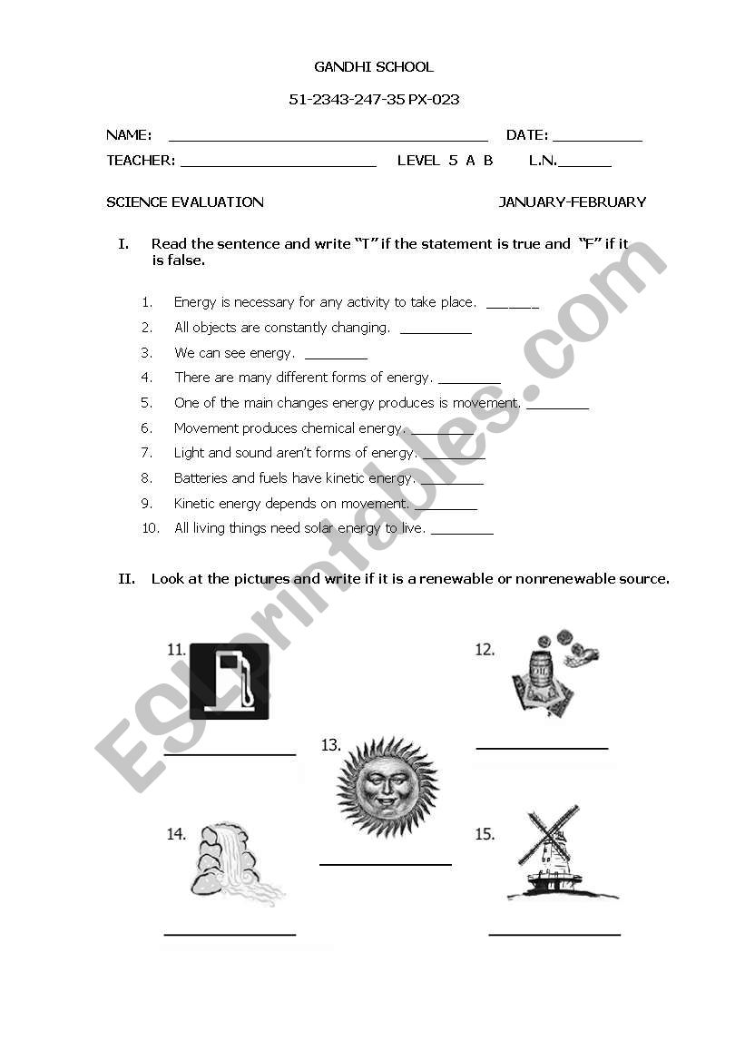 science exam  worksheet