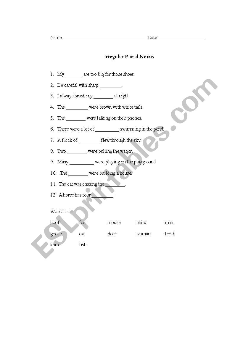 Irregular Plural Nouns worksheet