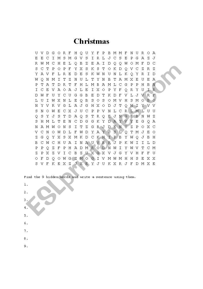 Christmas wordsearch worksheet