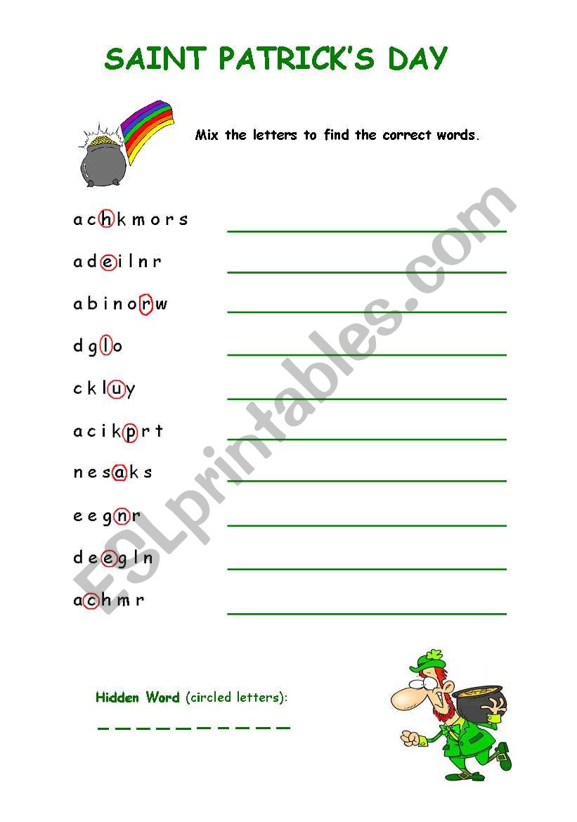 Saint Patricks Day Anagram worksheet