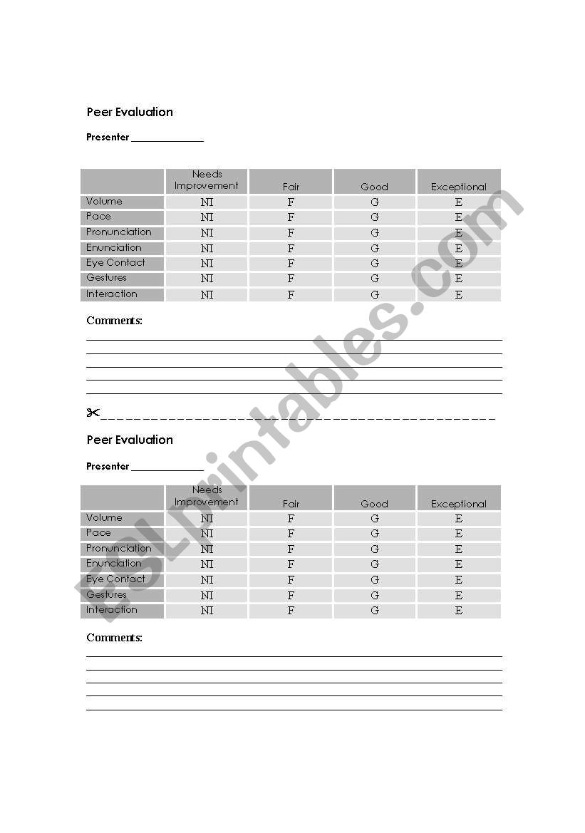 Peer Evaluation Form worksheet