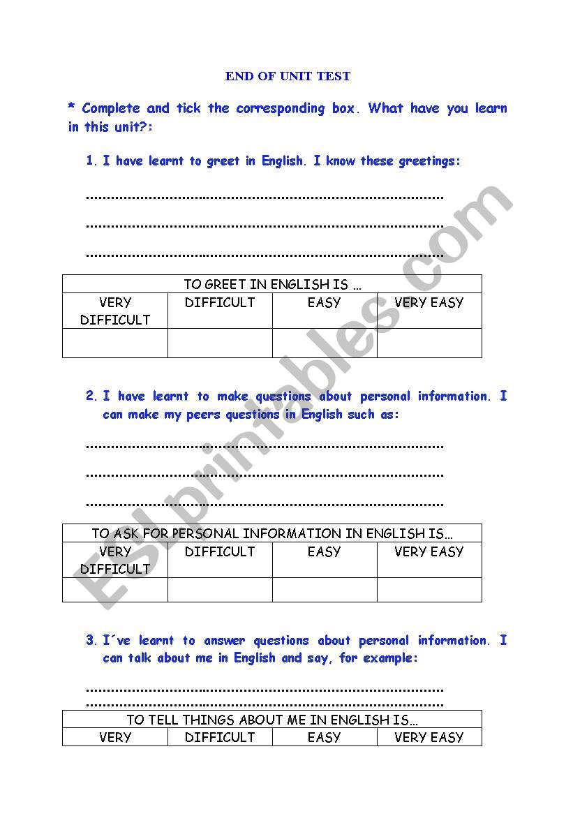 End of unit test worksheet