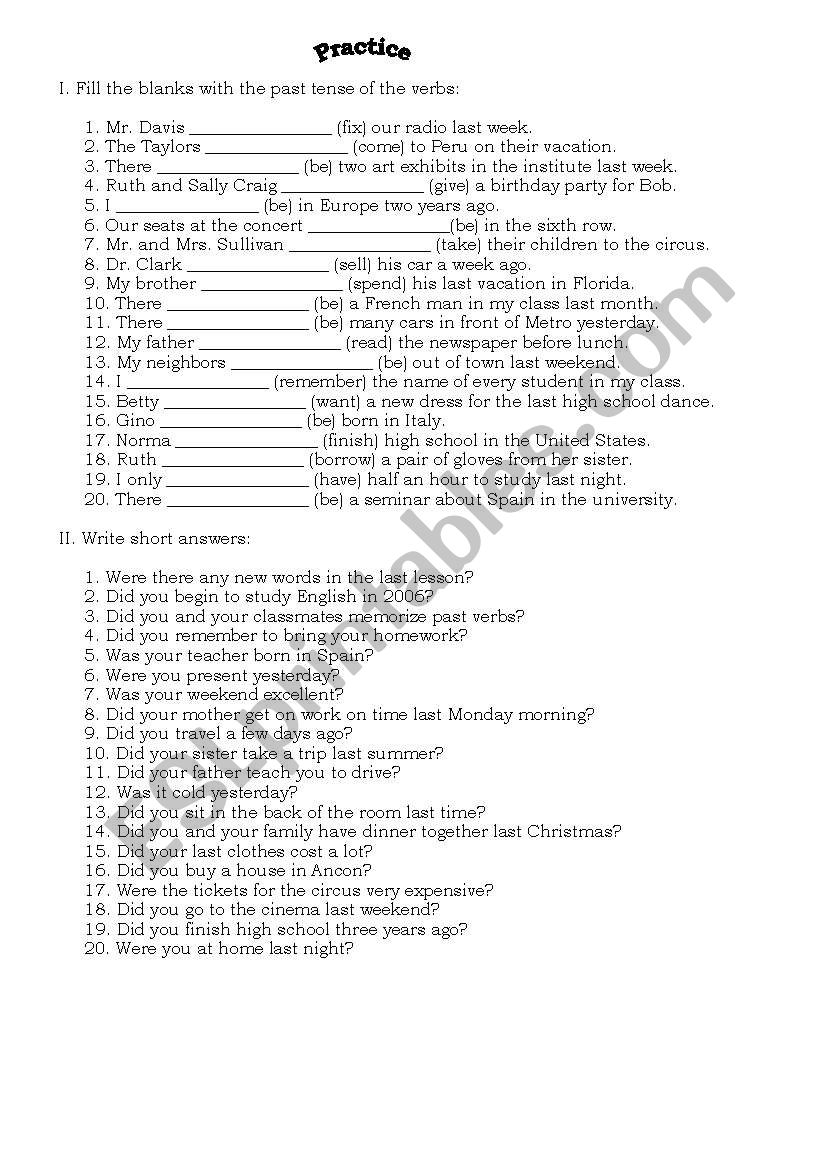 Simple past exercises worksheet