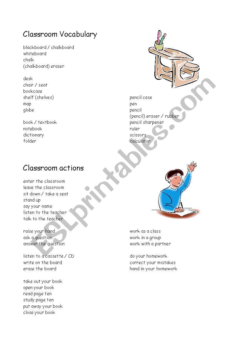 Classroom vocabulatory worksheet