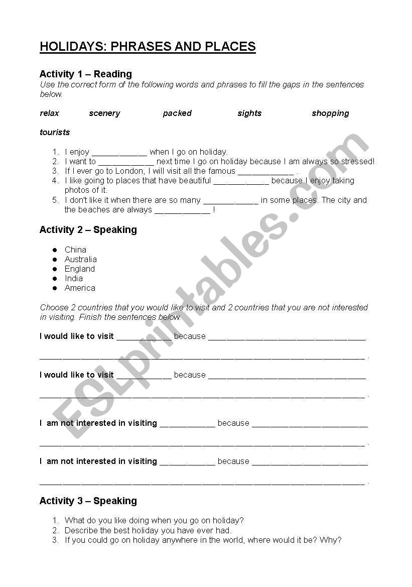 Holidays - Phrases and Places worksheet