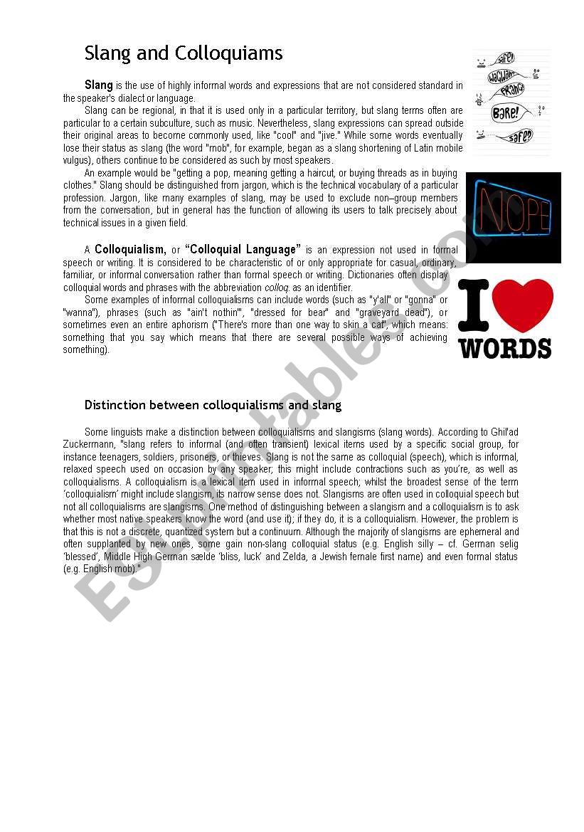 Slang and Colloquiasm worksheet