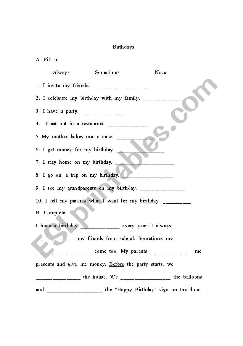 Birthdays worksheet