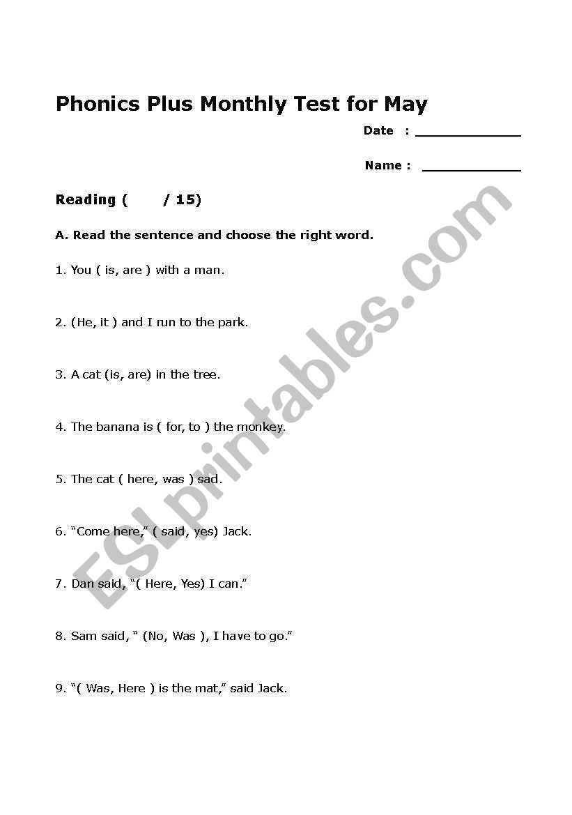 phonics plus A test sheet worksheet