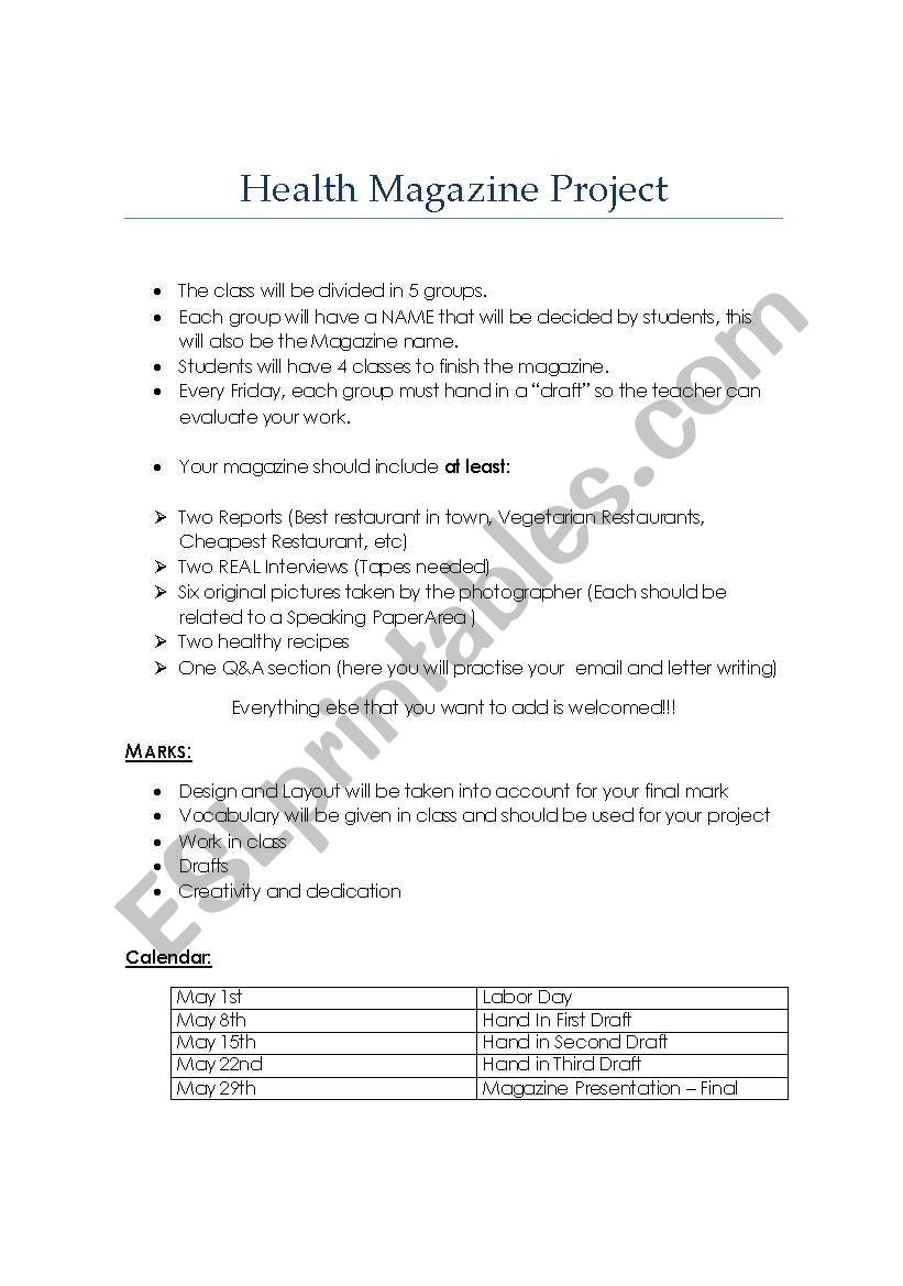 Health Project worksheet