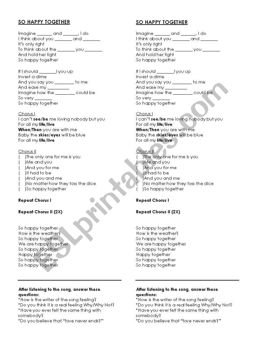 English Worksheets Song So Happy Together