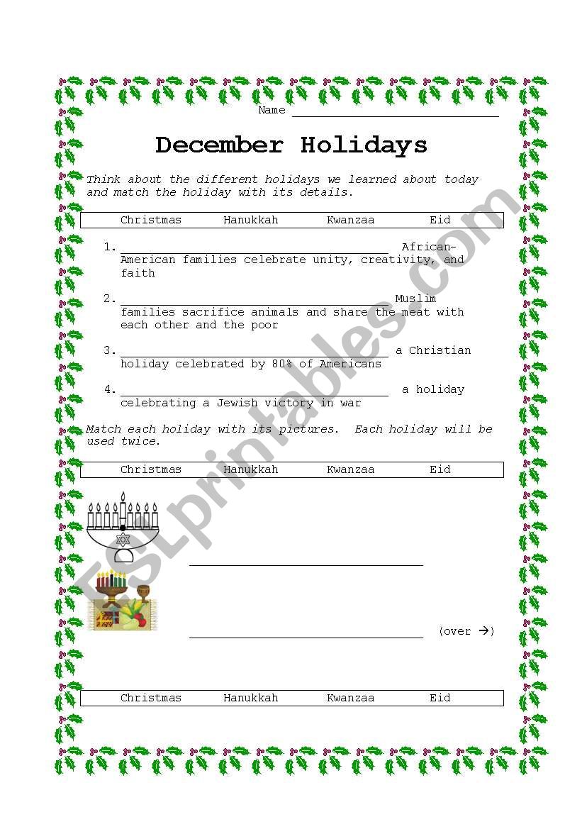 December Holidays worksheet