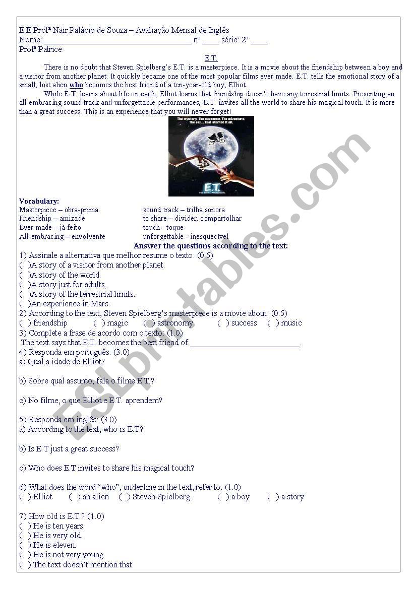 E.T text and interpretation worksheet