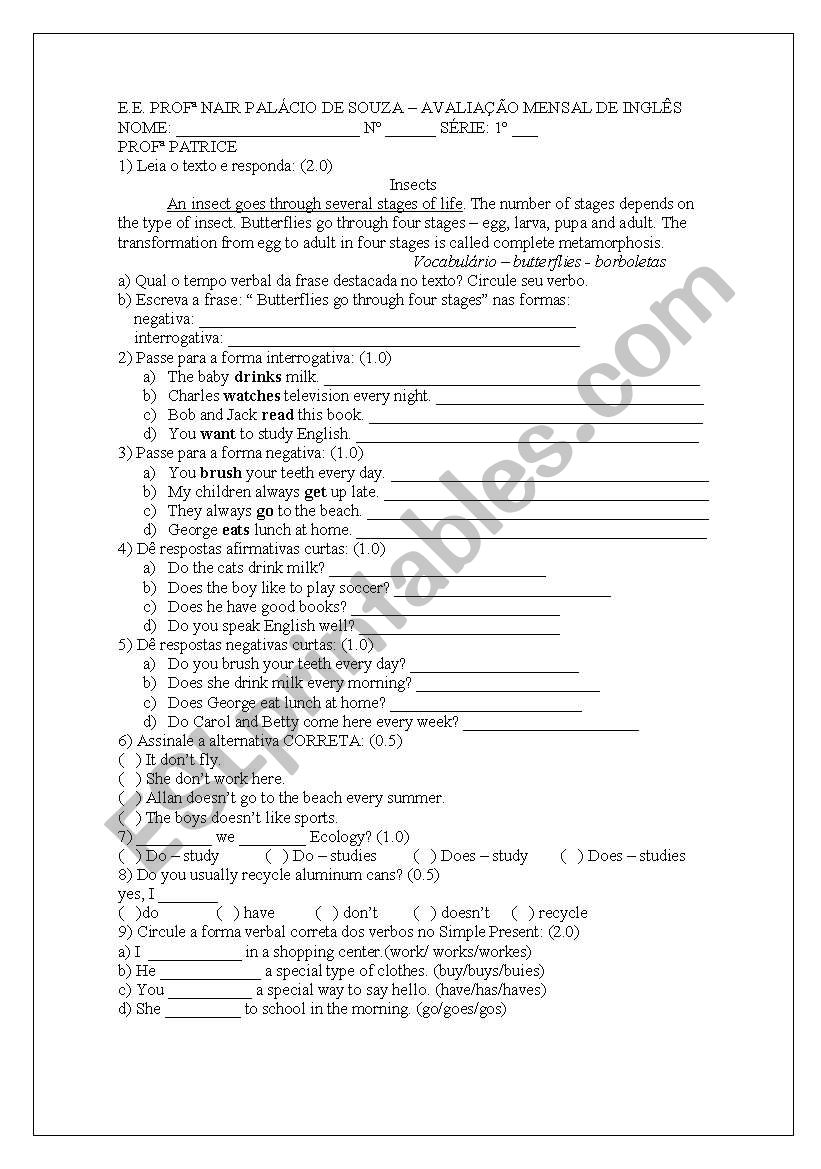 test about Simple Present Tense