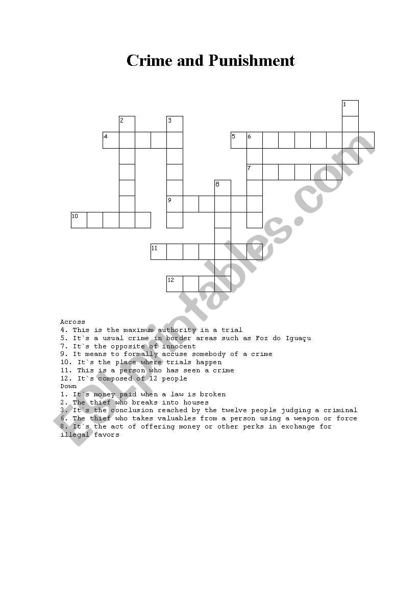 English worksheets: Crime and Punishment Crossword