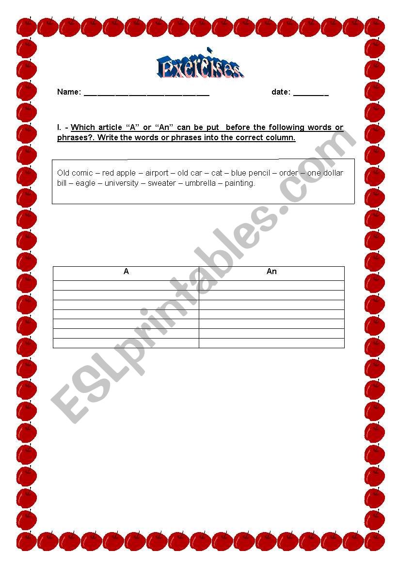 the indefinite article worksheet