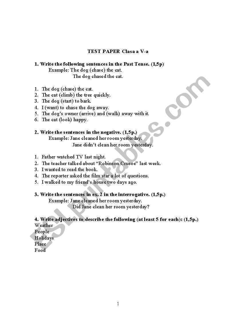 5th grade -test paper worksheet