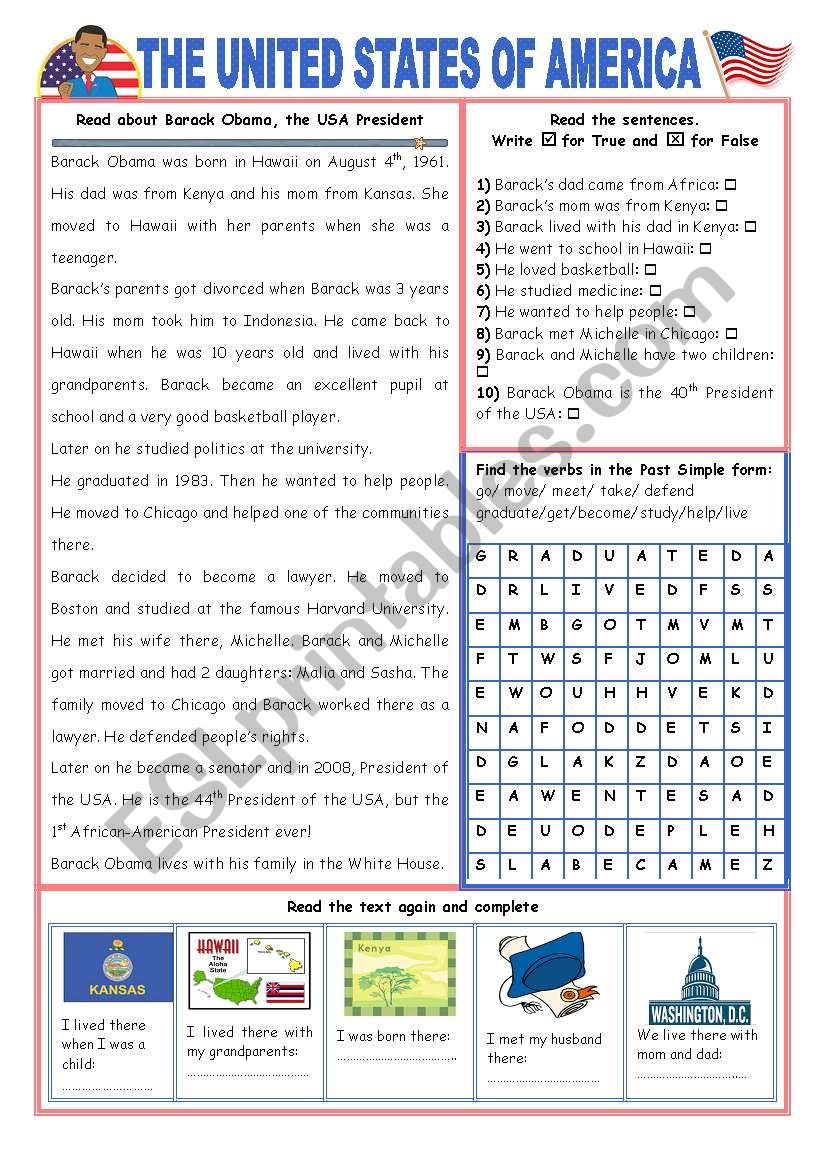 ENGLISH-SPEAKING COUNTRY (12) - THE USA - EXERCISES (2 pages)