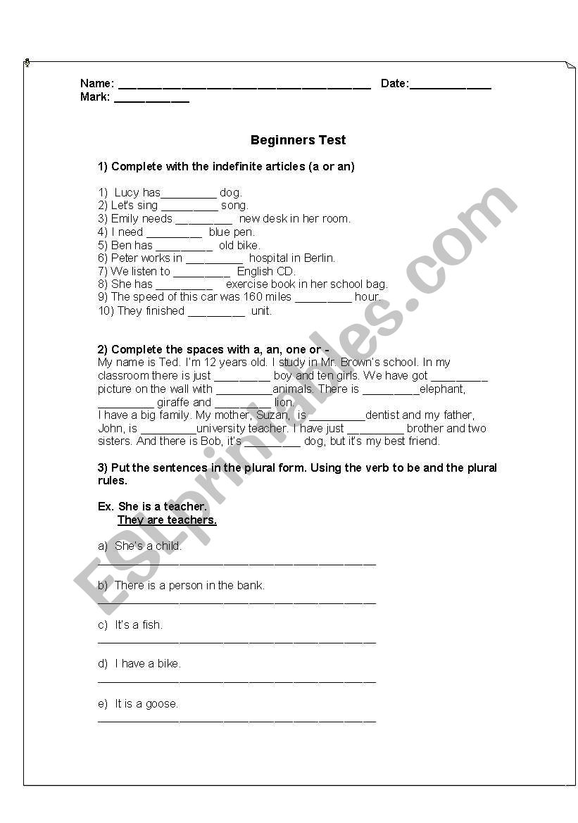 beginners test worksheet