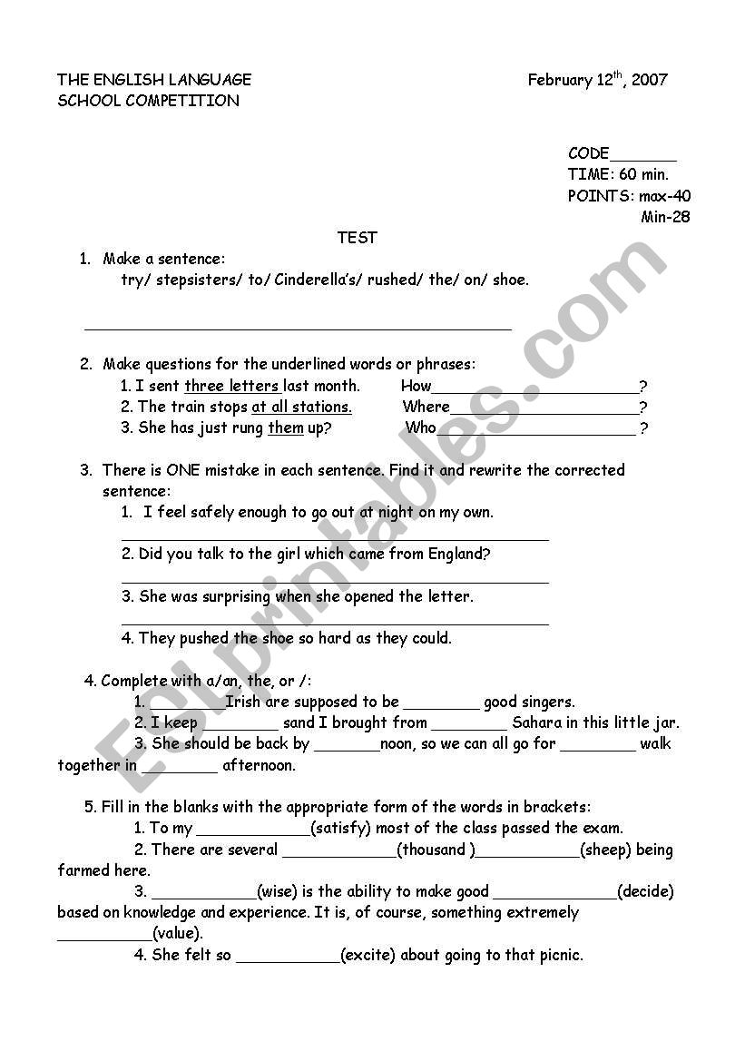 grammar test worksheet