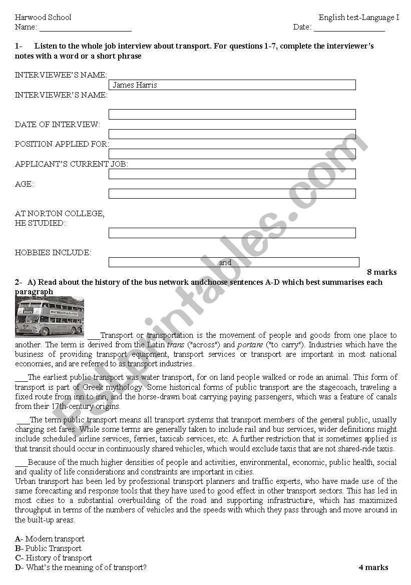 Transport worksheet