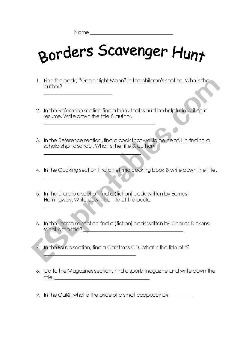 English worksheets: Border´s book store scavenger hunt